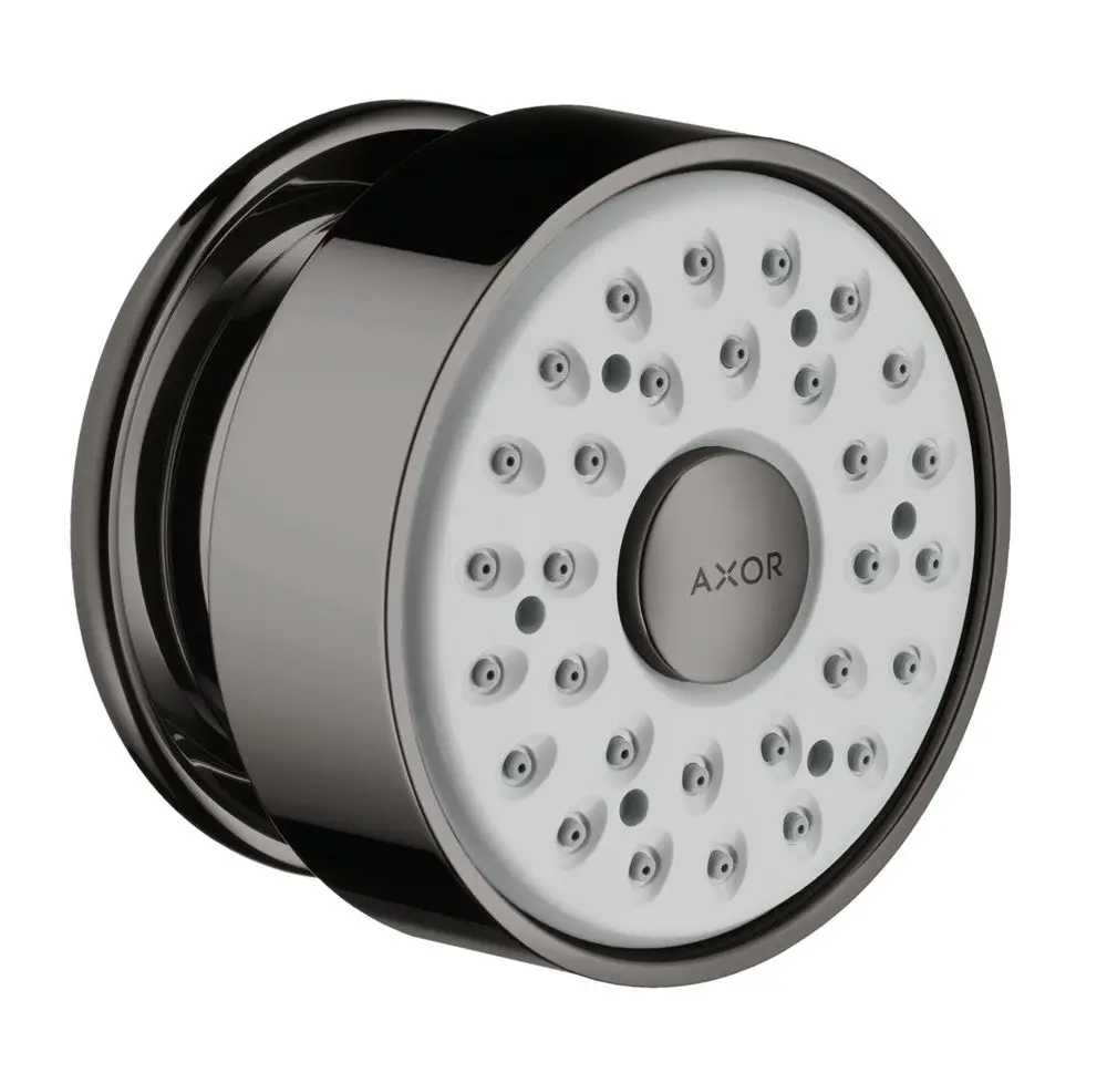 Runde Brause in glänzendem Schwarzchrom mit mehreren Düsenauslässen, präsentiert von Hansgrohe. Geeignet für Badezimmerinstallationen.
